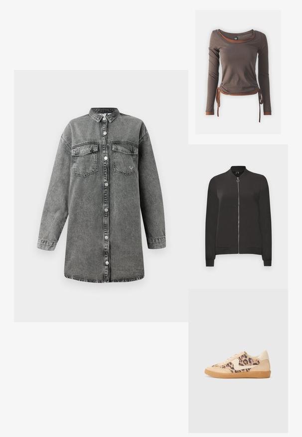 Fekete bomber dzseki sima anyagból, elöl cipzárral, bordás gallérral és mandzsettával, valamint két oldalsó zsebbel.; Szürke farmeringruha hosszú ujjakkal, gombos elülső résszel, két mellzsebbel és lekerekített aljjal. Finom elhalványult textúrája és fém gombjai vannak.; Barna, hosszú ujjú felső, kerekített nyakkivágással, ráncolt dizájnnal, deréknál megkötve, és eltérő barna kiegészítőkkel a mandzsettákon és az alján.; Leopárdmintás sportcipő bézs velúr felsőrésszel, világosbarna gumitalppal és fehér kiegészítőkkel. Kerek orr, fűzős kialakítás, és textúrázott felület jellemzi.