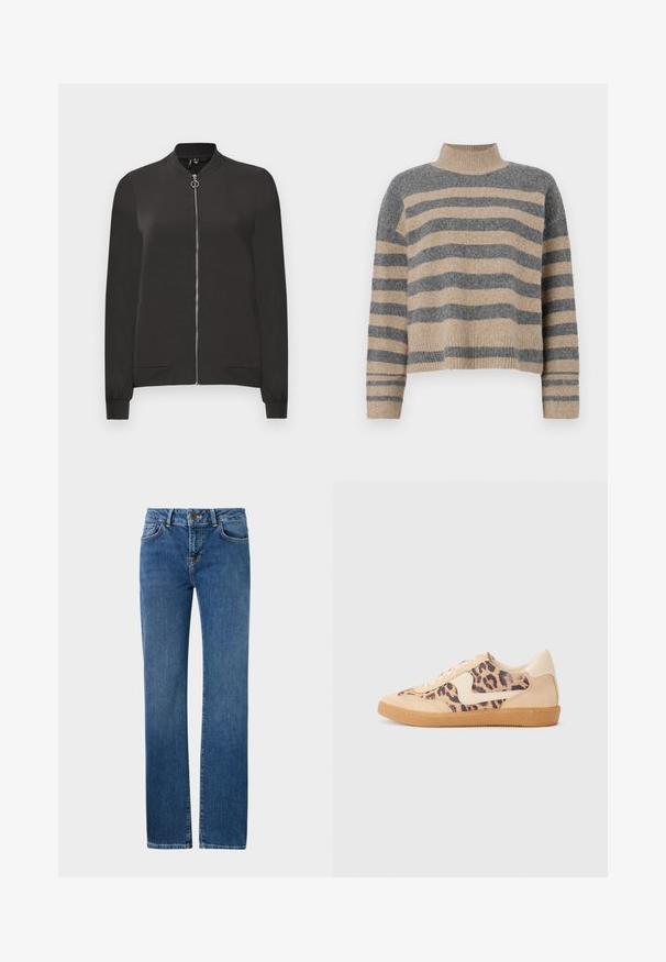 Must musta jope, mis on valmistatud siledast kangast, millel on esiküljel tõmblukk, ribitud krae ja mansetid ning kaks küljetaskut.; Triibuline kudumipusa, millel on hallid ja beezid toonid, kõrge kaelus, laiad mansetid ja vabalt langev lõige koos lühendatud disainiga.; Sinised teksapüksid sirge säärega disainiga. Omadusteks on nupuga sulgemine, vöökohad ja ees olevad taskud. Kerge kulumine reitel.; Leopardi mustriga tossud, millel on beež sueded ülemine osa, pruuni kummist põhi ja valged aktsendid. Ümar nina ja lipsukujundus, millel on tekstureeritud viimistlus.