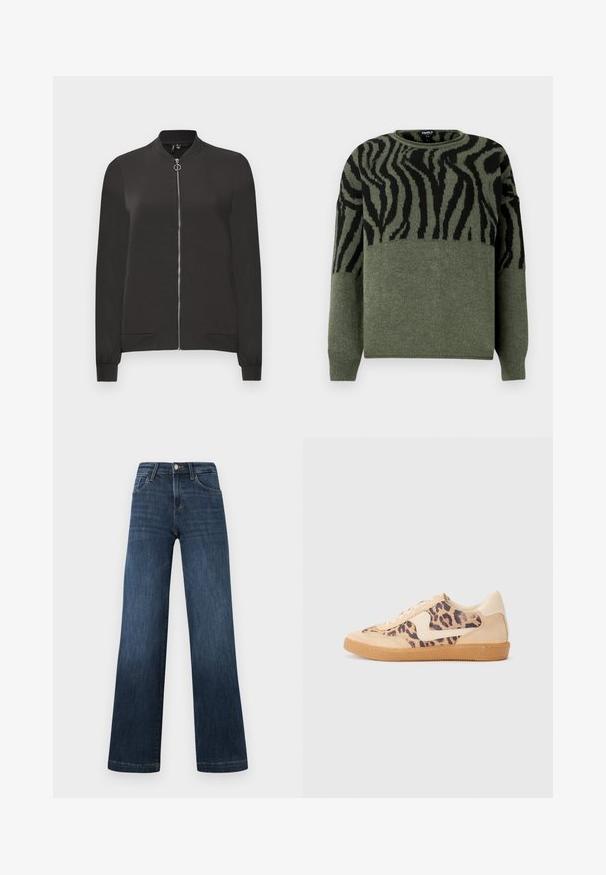Jaqueta bomber preta feita de tecido liso, apresentando um fecho frontal com zíper, gola e punhos canelados, e dois bolsos laterais.; Sweater com padrão de zebra em verde escuro e preto, textura em malha, decote redondo, mangas longas, apresentando um design contrastante na seção superior.; Jeans em denim azul escuro com um design de perna larga, apresentando cinco bolsos e um fecho frontal com botão. Textura suave e detalhes de costura clássicos.; Sapatilhas com padrão de leopardo, parte superior em camurça bege, sola de borracha castanha e detalhes brancos. Bico redondo e design com atacadores, com um acabamento texturizado.