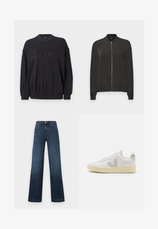 Black bomber jacket made from smooth fabric, featuring a front zipper, ribbed collar and cuffs, and two side pockets.; Black sweatshirt with a crew neck, elastic waistband, and long sleeves. Features textured "BILLABONG" logo stitched across the front.; Dark blue denim jeans with a wide-leg design, featuring five pockets and a front button closure. Smooth texture and classic stitching details.; White leather sneaker with beige suede accents, perforated toe box, flat laces, and a textured cream sole. Features subtle branding on heel.