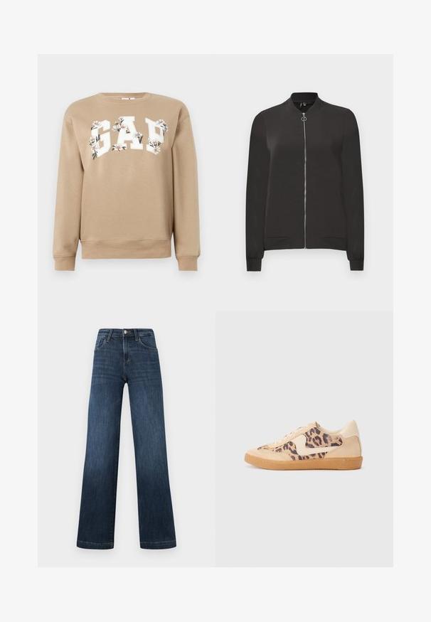 Jaqueta bomber preta feita de tecido liso, apresentando um fecho frontal com zíper, gola e punhos canelados, e dois bolsos laterais.; Sweatshirt bege com letras brancas "GAP" decoradas com desenhos florais brancos e laranja ao longo do peito, mangas longas, punhos e bainha canelados.; Jeans em denim azul escuro com um design de perna larga, apresentando cinco bolsos e um fecho frontal com botão. Textura suave e detalhes de costura clássicos.; Sapatilhas com padrão de leopardo, parte superior em camurça bege, sola de borracha castanha e detalhes brancos. Bico redondo e design com atacadores, com um acabamento texturizado.
