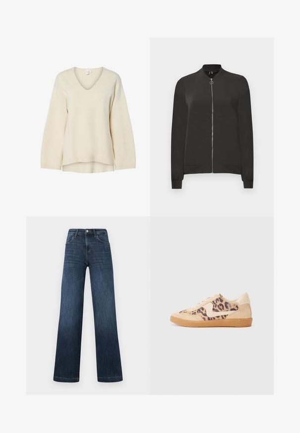 Giacca bomber nera realizzata in tessuto liscio, con zip frontale, colletto e polsini a coste e due tasche laterali.; Maglione crema con scollo a V, maniche lunghe, polsini a coste e vestibilità rilassata. Texture liscia e spacchi laterali all'orlo per una silhouette confortevole.; Jeans in denim blu scuro con un design a gamba larga, dotati di cinque tasche e chiusura anteriore con bottone. Texture liscia e dettagli di cucitura classica.; Sneakers in stampa leopardata con parte superiore in suede beige, suola in gomma color caramello e dettagli bianchi. Punta rotonda e design con lacci, con una finitura testurizzata.