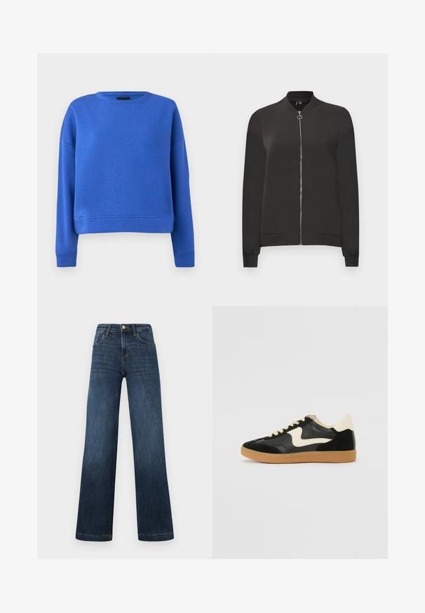 Jaqueta bomber preta feita de tecido liso, apresentando um fecho frontal com zíper, gola e punhos canelados, e dois bolsos laterais.; Sweatshirt azul com decote redondo, mangas longas e um corte cropped. Feito de um tecido suave e liso de mistura de algodão. Sem padrões ou detalhes.; Jeans em denim azul escuro com um design de perna larga, apresentando cinco bolsos e um fecho frontal com botão. Textura suave e detalhes de costura clássicos.; Sapatilha em camurça e couro pretos com um swoosh lateral em creme e um calcanhar em creme claro. Apresenta atacadores bege e uma sola de borracha tipo gum.