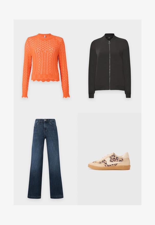 Veste bomber noire en tissu lisse, avec une fermeture éclair à l'avant, un col et des poignets côtelés, et deux poches latérales.; Pull en tricot orange vif avec un motif en diamant texturé, col rond côtelé et ourlet festonné. Manches longues avec des poignets côtelés.; Jean en denim bleu foncé à coupe large, doté de cinq poches et d'une fermeture à bouton sur le devant. Texture lisse et détails de couture classiques.; Baskets en imprimé léopard avec tige en suède beige, semelle en caoutchouc tan et accents blancs. Bout rond et design à lacets avec une finition texturée.