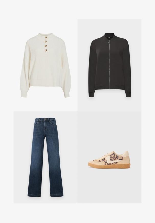 Juodas bomber stiliaus švarkas, pagamintas iš lygaus audinio, su priekiniais užtrauktukais, rausvu apykakle ir rankovėmis, bei dviem šoniniais kišenėmis.; Kreminio spalvos ribotu trikotažo megztinis su pūstomis rankovėmis ir keturiais auksiniais kriauklės formos mygtukais ant aukšto apykaklės.; Tamsiai mėlyni džinsai su plačiu kojų dizainu, turintys penkias kišenes ir priekiniu mygtukų užsegimu. Lygus audinys ir klasikiniai siuvimo detalės.; Leopardų rašto sportiniai batai su smėlio spalvos zomšiniu viršumi, rusvu guminiu padu ir baltais akcentais. Apvalus nosis ir raištelių užsegimas su tekstūruotu paviršiumi.