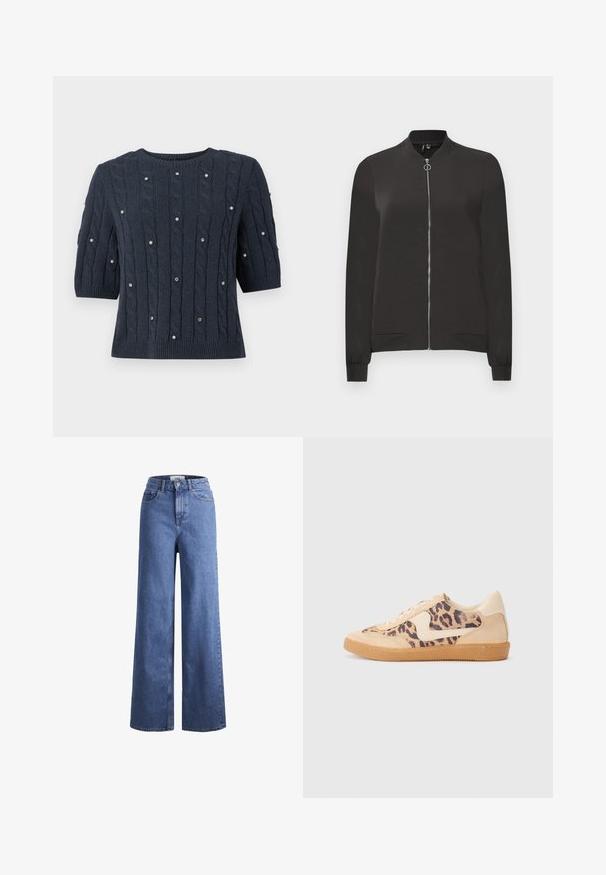 Giacca bomber nera realizzata in tessuto liscio, con zip frontale, colletto e polsini a coste e due tasche laterali.; Maglione lavorato a maglia blu navy con maniche corte, caratterizzato da motivi a trecce e decorazioni di gemme in tutto il capo. Collo rotondo e orlo a coste.; Jeans ampia in denim azzurro chiaro con vita alta, due tasche anteriori e cuciture in vista. Presentano una chiusura con bottone e zip.; Sneakers in stampa leopardata con parte superiore in suede beige, suola in gomma color caramello e dettagli bianchi. Punta rotonda e design con lacci, con una finitura testurizzata.