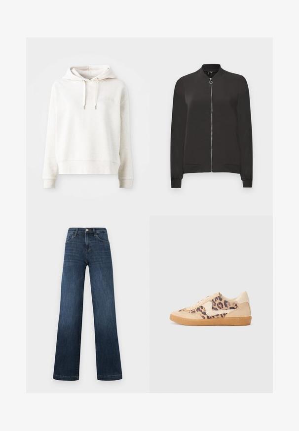 Black bomber jacket made from smooth fabric, featuring a front zipper, ribbed collar and cuffs, and two side pockets.; Light beige hooded sweatshirt with a soft texture, drawstring closure, and a simple embroidered logo on the chest. Long sleeves and cropped fit.; Dark blue denim jeans with a wide-leg design, featuring five pockets and a front button closure. Smooth texture and classic stitching details.; Leopard print sneakers with beige suede upper, tan rubber sole, and white accents. Round toe and lace-up design with a textured finish.