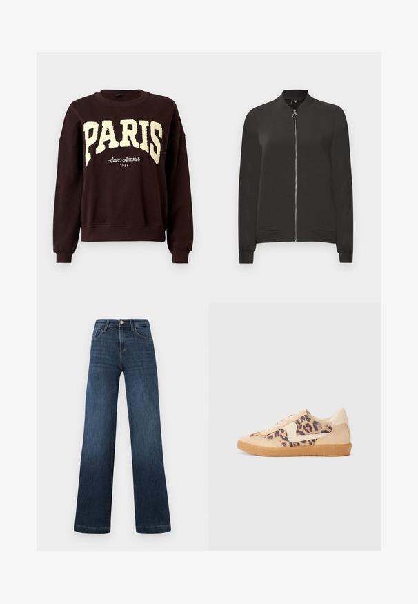 Fekete bomber dzseki sima anyagból, elöl cipzárral, bordás gallérral és mandzsettával, valamint két oldalsó zsebbel.; Sötétbarna környakú pulóver nagy, texturált "PARIS" felirattal és kisebb "Avec Amour 1986" szöveggel a mellkas alatt.; Sötétkék farmernadrág, széles szárú dizájnnal, öt zsebbel és elülső gombos záródással. Sima tapintású és klasszikus varrási részletekkel.; Leopárdmintás sportcipő bézs velúr felsőrésszel, világosbarna gumitalppal és fehér kiegészítőkkel. Kerek orr, fűzős kialakítás, és textúrázott felület jellemzi.