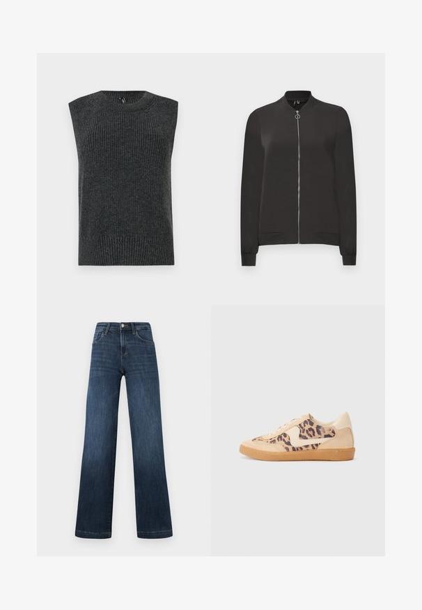 Black bomber jacket made from smooth fabric, featuring a front zipper, ribbed collar and cuffs, and two side pockets.; Dark gray sleeveless sweater with ribbed texture, rounded neckline, and banded bottom hem. Simple design without additional patterns or details.; Dark blue denim jeans with a wide-leg design, featuring five pockets and a front button closure. Smooth texture and classic stitching details.; Leopard print sneakers with beige suede upper, tan rubber sole, and white accents. Round toe and lace-up design with a textured finish.