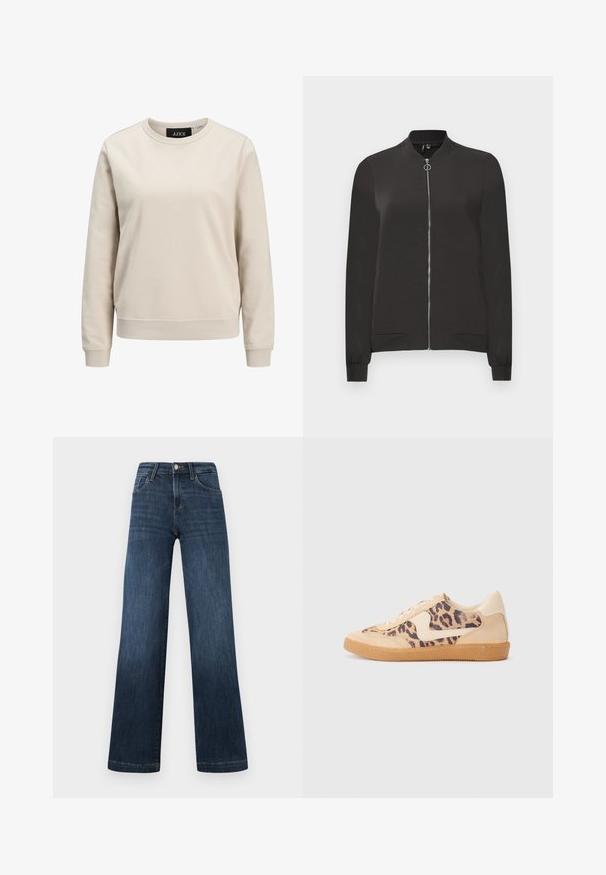 Fekete bomber dzseki sima anyagból, elöl cipzárral, bordás gallérral és mandzsettával, valamint két oldalsó zsebbel.; Beige színű pulóver kerek nyakkal, hosszú ujjakkal, bordás mandzsettákkal és alsó szegéllyel, puha pamut anyagból készült. Egyszerű minta nélküli dizájn.; Sötétkék farmernadrág, széles szárú dizájnnal, öt zsebbel és elülső gombos záródással. Sima tapintású és klasszikus varrási részletekkel.; Leopárdmintás sportcipő bézs velúr felsőrésszel, világosbarna gumitalppal és fehér kiegészítőkkel. Kerek orr, fűzős kialakítás, és textúrázott felület jellemzi.