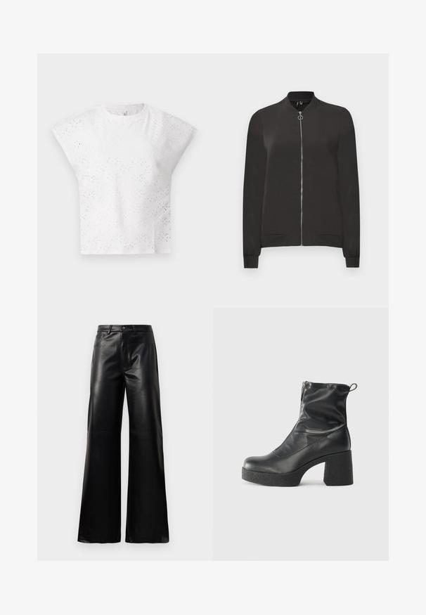 Juodas bomber stiliaus švarkas, pagamintas iš lygaus audinio, su priekiniais užtrauktukais, rausvu apykakle ir rankovėmis, bei dviem šoniniais kišenėmis.; Balta trumpų rankovių palaidinė su tekstūriniu akytojo audinio raštu, tvirtu pečių kirpimu ir apvalia iškirpte. Lengvas audinys.; Juodos aukšto juosmens plačios kojų dirbtinės odos kelnės su priekiniais mygtukais, užtrauktuku, diržo kilpomis ir šoninėmis kišenėmis ant balto fono.; Juodos kulkšninių botai, pagaminti iš lygaus odos, su šoniniu užtrauktuku, masyviu tekstūruotu kulnu ir apvaliu pirštu.