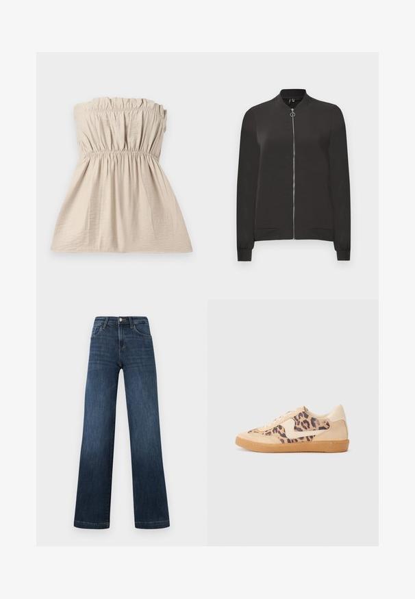 Melnā bumbiera jaka, kas izgatavota no gludas auduma, ar priekšējo rāvējslēdzēju, ribotām apkaklēm un aprocēm, kā arī diviem sānu kabatām.; Bezplecu beigtas blūzes ar sakumpinātu faktūru, elastīga josla augšpusē un vidukļa daļā, kā arī plūstoša silueta. Viegls audums ar smalku spīdumu.; Tīri tumši zili džinsi ar platām kājām, kas satur piecus kabatas un priekšējo pogu aizdari. Gluda tekstūra un klasiskas šuves detaļas.; Leoparda drukas kedas ar beidzējo zamša virsu, brūnu gumijas zoli un baltām akcenta detaļām. Apļveida purngals un auklu aizdare ar strukturētu virsmu.