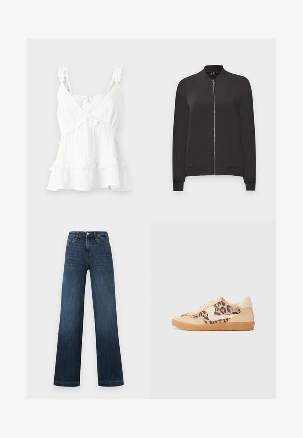 Zwarte bomberjack van gladde stof, met een ritssluiting aan de voorkant, ribgebreide kraag en manchetten, en twee zijzakken.; Witte stoffen top met ruches op de schouderbanden en meerdere lagen, met een V-hals en een losse pasvorm. Gemaakt van lichtgewicht materiaal, ideaal voor warm weer.; Donkerblauwe denim jeans met een wijdbeen ontwerp, voorzien van vijf zakken en een knoopsluiting aan de voorkant. Gladde textuur en klassieke stikdetails.; Luipaardprint sneakers met een beige suède bovenkant, tan rubberen zool en witte accenten. Ronde neus en vetersluiting met een gestructureerde afwerking.