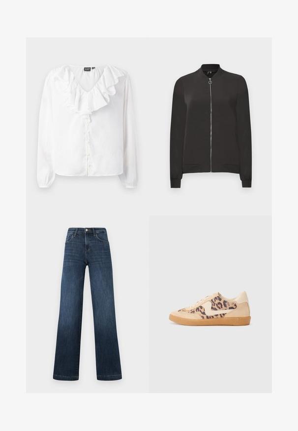 Schwarze Bomberjacke aus glattem Stoff, mit einem Frontreißverschluss, geripptem Kragen und Bündchen sowie zwei Seitentaschen.; Weiße Bluse mit langen Ärmeln und V-Ausschnitt, mit gerafftem Vorderteil, Perlenknöpfen und einer lockeren Passform, hergestellt aus leichtem Stoff.; Dunkelblaue Denim-Jeans im weiten Bein-Design, ausgestattet mit fünf Taschen und einer Vorderknopf-Verschluss. Glatte Textur und klassische Nähdetails.; Löwenmuster-Sneaker mit beige Wildleder-Obermaterial, tanfarbener Gummisohle und weißen Akzenten. Runde Zehenform und Schnürdesign mit strukturiertem Finish.