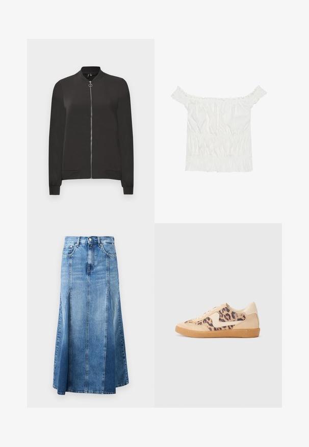 Čierna bomber bunda vyrobená z hladkej látky, s predným zipsom, rebrovaným golierom a manžetami, a dvoma bočnými vreckami.; Biela blúzka bez ramienok s volánikmi, riasenou textúrou a elastickým pásom. Vyrobená z jemnej bavlnenej tkaniny.; Džínová sukňa s svetlomodrým až tmavomodrým gradientom, po kolená, so rovný strihom, prednými rozparkami a klasickým zapínaním na gombík a zips.; Tenisky s leopardím vzorom, s béžovým semišovým zvrškom, svetlohnedou gumovou podrážkou a bielymi akcentmi. Okrúhla špička a šnurovací dizajn s textúrovaným povrchom.