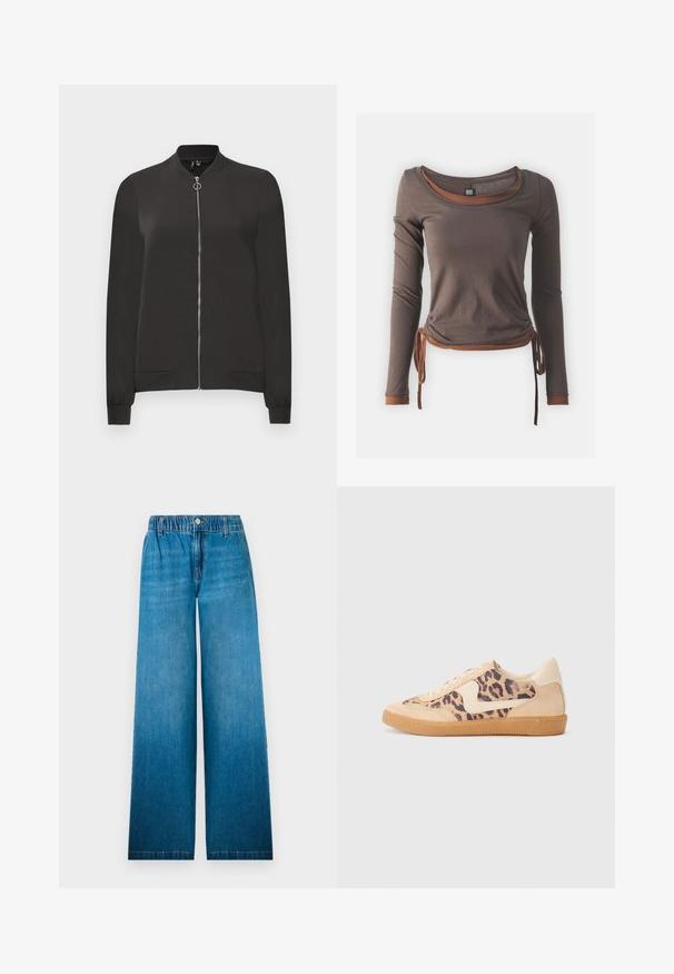 Melnā bumbiera jaka, kas izgatavota no gludas auduma, ar priekšējo rāvējslēdzēju, ribotām apkaklēm un aprocēm, kā arī diviem sānu kabatām.; Brūns garās piedurknes tops ar izgriezumu, kas ir ručotu dizainu, savilkts jostasvietā un ar kontrastējošiem brūniem akcentiem pie piedurknēm un apakšmalas.; Plati kāju džinsi, kas izgatavoti no gaiši zilas džinsa auduma, ar elastīgu jostasvietu, pogu aizdari un taisnu griezumu ar izbalējušu efektu.; Leoparda drukas kedas ar beidzējo zamša virsu, brūnu gumijas zoli un baltām akcenta detaļām. Apļveida purngals un auklu aizdare ar strukturētu virsmu.
