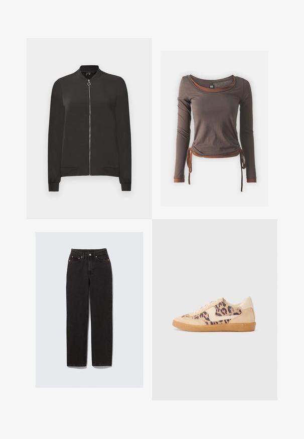 Melnā bumbiera jaka, kas izgatavota no gludas auduma, ar priekšējo rāvējslēdzēju, ribotām apkaklēm un aprocēm, kā arī diviem sānu kabatām.; Brūns garās piedurknes tops ar izgriezumu, kas ir ručotu dizainu, savilkts jostasvietā un ar kontrastējošiem brūniem akcentiem pie piedurknēm un apakšmalas.; Melni džinsi no denima ar augstu jostasvietu, taisnu kāju, vara apdares akcentiem, piecu kabatu dizainu un redzamām šuvju detaļām.; Leoparda drukas kedas ar beidzējo zamša virsu, brūnu gumijas zoli un baltām akcenta detaļām. Apļveida purngals un auklu aizdare ar strukturētu virsmu.