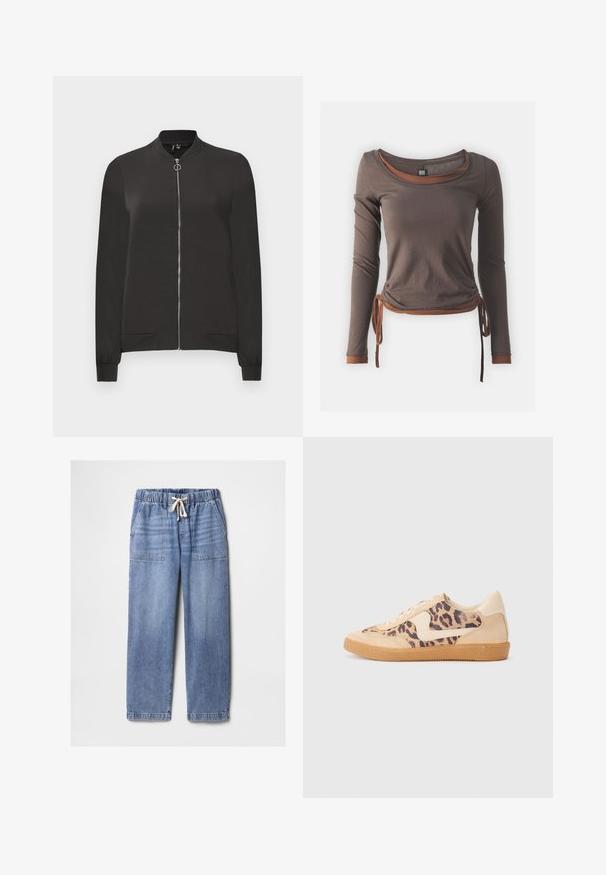 Melnā bumbiera jaka, kas izgatavota no gludas auduma, ar priekšējo rāvējslēdzēju, ribotām apkaklēm un aprocēm, kā arī diviem sānu kabatām.; Brūns garās piedurknes tops ar izgriezumu, kas ir ručotu dizainu, savilkts jostasvietā un ar kontrastējošiem brūniem akcentiem pie piedurknēm un apakšmalas.; Gai zilas džinsa bikses ar elastīgu vidukli un baltu auklu, ar priekšējiem pakaļiem un taisnām kājām.; Leoparda drukas kedas ar beidzējo zamša virsu, brūnu gumijas zoli un baltām akcenta detaļām. Apļveida purngals un auklu aizdare ar strukturētu virsmu.