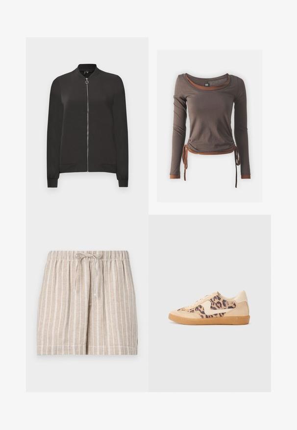 Must musta jope, mis on valmistatud siledast kangast, millel on esiküljel tõmblukk, ribitud krae ja mansetid ning kaks küljetaskut.; Pruun pikkade varrukatega topp, millel on ümar kaelus, rikkalik disain, mis on seotud vöökohal, ja kontrastsed pruuni aktsendid mansettidel ja servades.; Beez värvi linased lühikesed püksid valgete vertikaalsete triipudega, elastse piiroi ja paelaga. Casual disain sisaldab õmmeldud ääriseid ja küljetaskuid.; Leopardi mustriga tossud, millel on beež sueded ülemine osa, pruuni kummist põhi ja valged aktsendid. Ümar nina ja lipsukujundus, millel on tekstureeritud viimistlus.