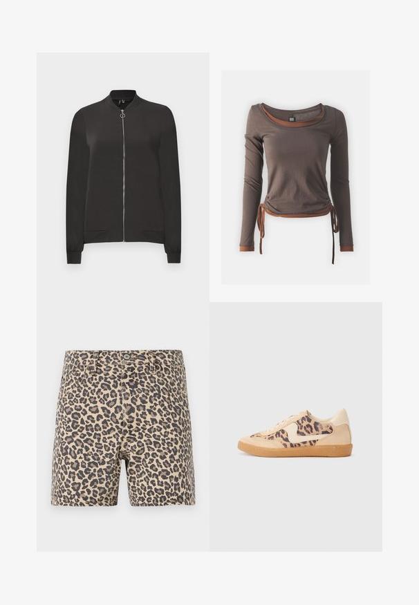 Melnā bumbiera jaka, kas izgatavota no gludas auduma, ar priekšējo rāvējslēdzēju, ribotām apkaklēm un aprocēm, kā arī diviem sānu kabatām.; Brūns garās piedurknes tops ar izgriezumu, kas ir ručotu dizainu, savilkts jostasvietā un ar kontrastējošiem brūniem akcentiem pie piedurknēm un apakšmalas.; Beigu un melnā leoparda raksta džinsu šorti. Klasisks piecu kabatu dizains ar pogu aizdari un jostas cilpām. Gluda virsma.; Leoparda drukas kedas ar beidzējo zamša virsu, brūnu gumijas zoli un baltām akcenta detaļām. Apļveida purngals un auklu aizdare ar strukturētu virsmu.