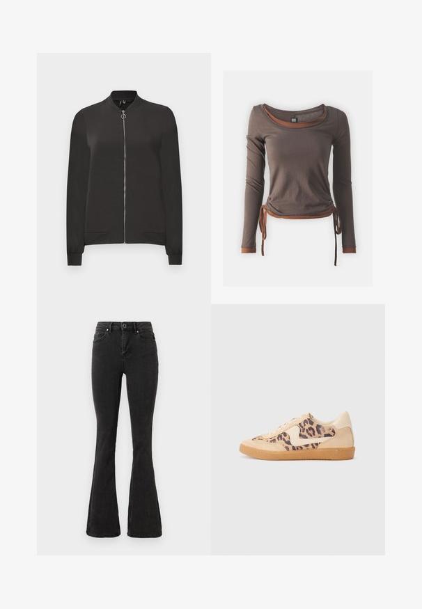 Crna bomber jakna izrađena od glatkog materijala, sa prednjim patentnim zatvaračem, rebrastim okovratnikom i manžetama, te dva bočna džepa.; Smeđi dugih rukava top s izrezom u obliku scoop, s naboranim dizajnom vezanim u struku i kontrastnim smešnim naglascima na manžetama i rubu.; Crne visoke traperice s proširenim nogavicama, s prednjim gumbom i patentnim zatvaračem, prednjim i stražnjim džepovima, prikazane na bijeloj pozadini.; Tenisice s uzorkom leoparda, bež nubuk gornjištem, smešnim gumenim đonom i bijelim detaljima. Okrugli vrh i dizajn s vezicama s teksturiranom završnom obradom.