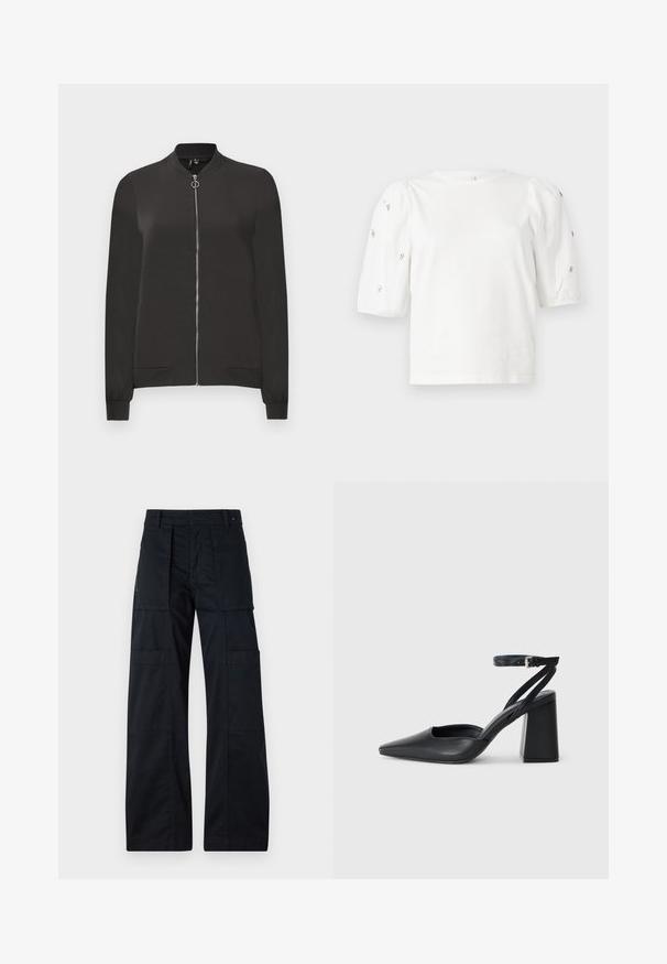 Sort bomberjakke lavet af glat stof, med en frontlynlås, ribbet krave og manchetter samt to sidelommer.; Hvid bomulds t-shirt med korte puffærmer, med små sølv detaljer langs ærmerne. Klassisk rund halsudskæring, afslappet pasform.; Sorte cargobukser med bred bendesign, der har flere store lommer, en tætsiddende talje og en glat bomuldsstruktur.; Sort læder spidse pumps med ankelrem og en chunky hæl. Flad tekstur, slankt design og minimalistisk æstetik.
