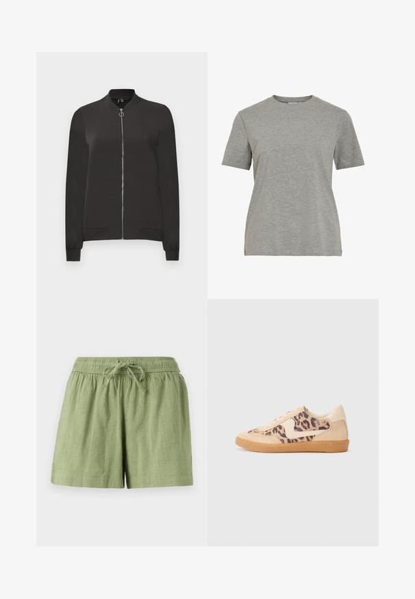 Black bomber jacket made from smooth fabric, featuring a front zipper, ribbed collar and cuffs, and two side pockets.; Grey cotton T-shirt featuring a classic crew neck, short sleeves, and a smooth texture, suitable for casual wear.; Light green cotton shorts with an elastic waistband and drawstring. Features side pockets and a textured fabric finish.; Leopard print sneakers with beige suede upper, tan rubber sole, and white accents. Round toe and lace-up design with a textured finish.