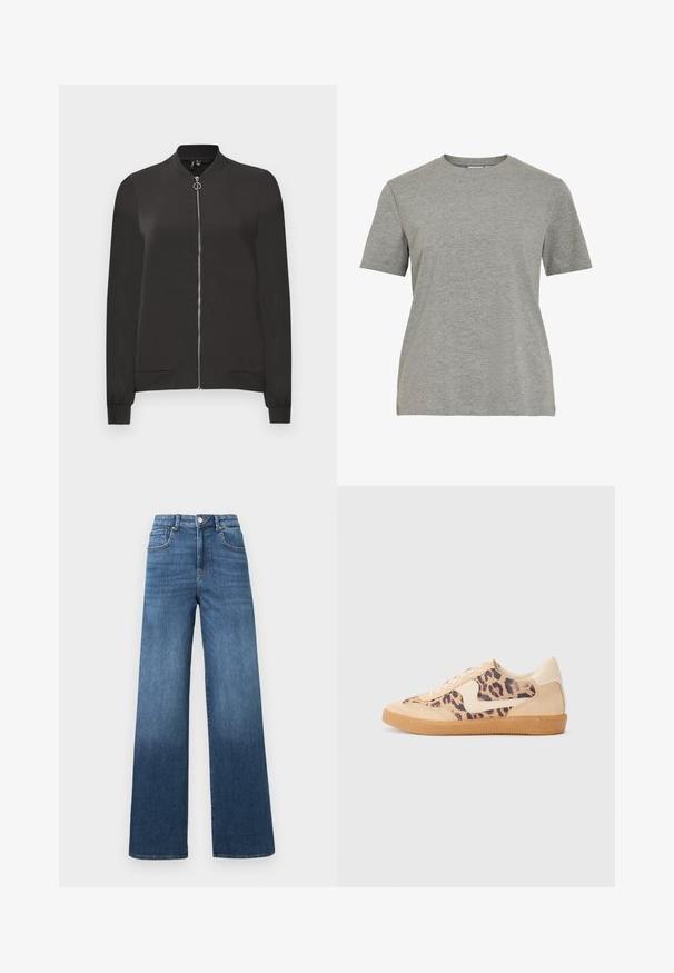 Jaqueta bomber preta feita de tecido liso, apresentando um fecho frontal com zíper, gola e punhos canelados, e dois bolsos laterais.; T-shirt de algodão cinzento com gola redonda clássica, mangas curtas e textura suave, adequada para uso casual.; Calças de ganga de perna larga em azul médio com um efeito de clareamento gradual em direção à bainha, apresentando um fecho padrão com botão e zíper.; Sapatilhas com padrão de leopardo, parte superior em camurça bege, sola de borracha castanha e detalhes brancos. Bico redondo e design com atacadores, com um acabamento texturizado.