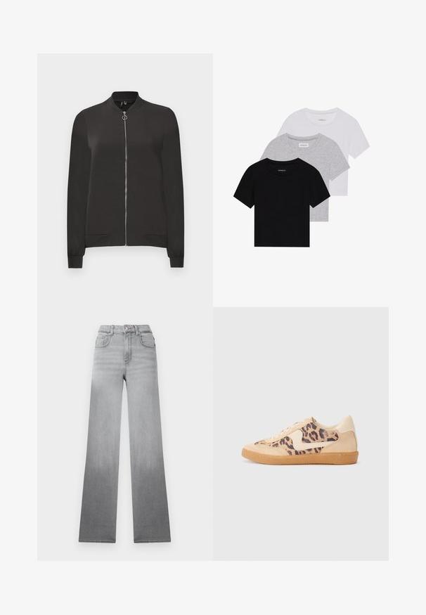 Juodas bomber stiliaus švarkas, pagamintas iš lygaus audinio, su priekiniais užtrauktukais, rausvu apykakle ir rankovėmis, bei dviem šoniniais kišenėmis.; Trijų trumpomis rankovėmis marškinėlių rinkinys juodos, pilkos ir baltos spalvos. Pagaminti iš medvilnės, turi apvalų iškirpimą ir paprastą, vientisos spalvos dizainą.; Pilkos džinsai su išblukusio ombré efektu, aukšta juosmens linija, klasikinis penkių kišenių stilius ir tiesios, plačios kojos, pagaminti iš džinsinio audinio.; Leopardų rašto sportiniai batai su smėlio spalvos zomšiniu viršumi, rusvu guminiu padu ir baltais akcentais. Apvalus nosis ir raištelių užsegimas su tekstūruotu paviršiumi.