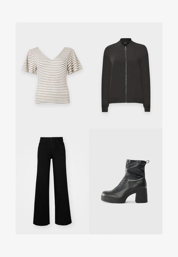 Melnā bumbiera jaka, kas izgatavota no gludas auduma, ar priekšējo rāvējslēdzēju, ribotām apkaklēm un aprocēm, kā arī diviem sānu kabatām.; Baltā krāsā svītrains īsām piedurknēm tops ar tumši zilu un pelēku svītru. Tam ir V veida kakla izgriezums un puff pudurknēm, izgatavots no viegla auduma.; Melni plaša kāju bikses, izgatavotas no džinsa, ar strukturētu jostu, jostu cilpiņām un priekšējām kabatām. Gluda tekstūra ar klasisku dizainu.; Melni potītes zābaki, kas izgatavoti no gludas ādas, ar sānu rāvējslēdzēju, masīvu strukturētu papēdi un noapaļotu purngalu.