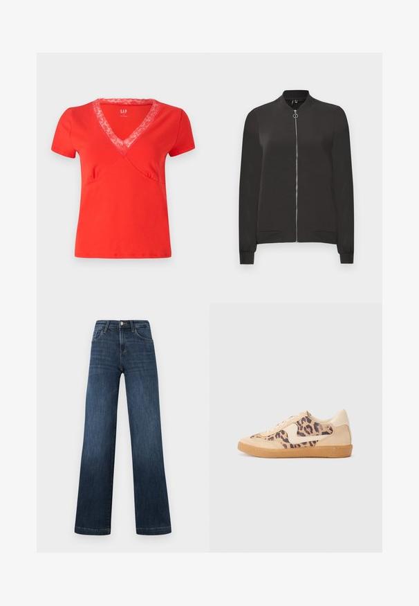 Crna bomber jakna izrađena od glatkog materijala, sa prednjim patentnim zatvaračem, rebrastim okovratnikom i manžetama, te dva bočna džepa.; Crvena majica s kratkim rukavima i V-izrezom s čipkastim detaljem. Mekana tkanina, fitted kroj i dekorativna šavova uz šavove.; Tamno plave traperice širokih nogavica, s pet džepova i prednjim zatvaranjem na gumb. Glatka tekstura i klasične šavove.; Tenisice s uzorkom leoparda, bež nubuk gornjištem, smešnim gumenim đonom i bijelim detaljima. Okrugli vrh i dizajn s vezicama s teksturiranom završnom obradom.
