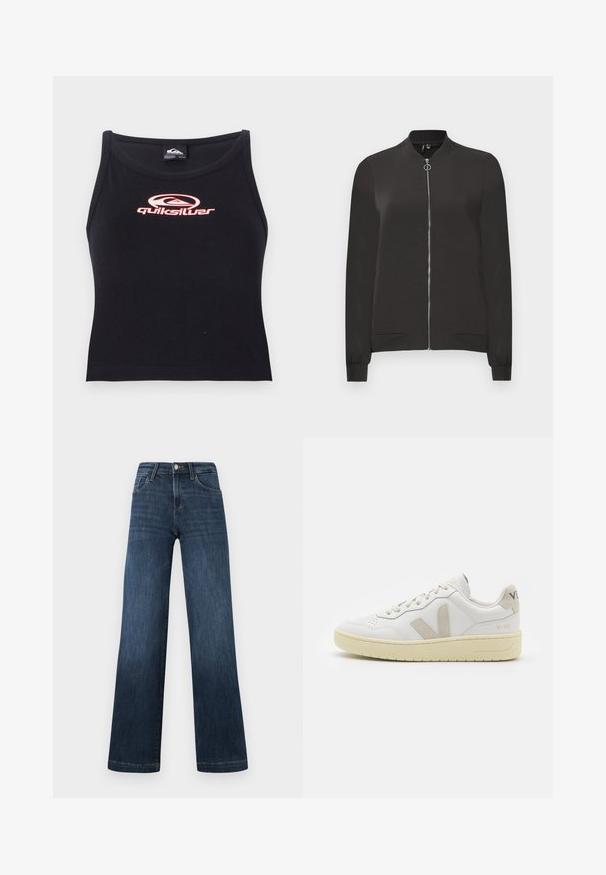 Sort bomberjakke lavet af glat stof, med en frontlynlås, ribbet krave og manchetter samt to sidelommer.; Sort udenærmet crop top lavet af blødt stof med et pink Quiksilver-logo centralt på brystet. Enkel design med rund udskæring.; Mørkeblå denimjeans med bred ben-design, der har fem lommer og en frontlukning med knap. Glat tekstur og klassiske syninger.; Hvide lærreds sneakers med beige ruskindsdetaljer, perforeret tåboks, flade snørebånd og en struktureret cremefarvet sål. Har diskret branding på hælen.