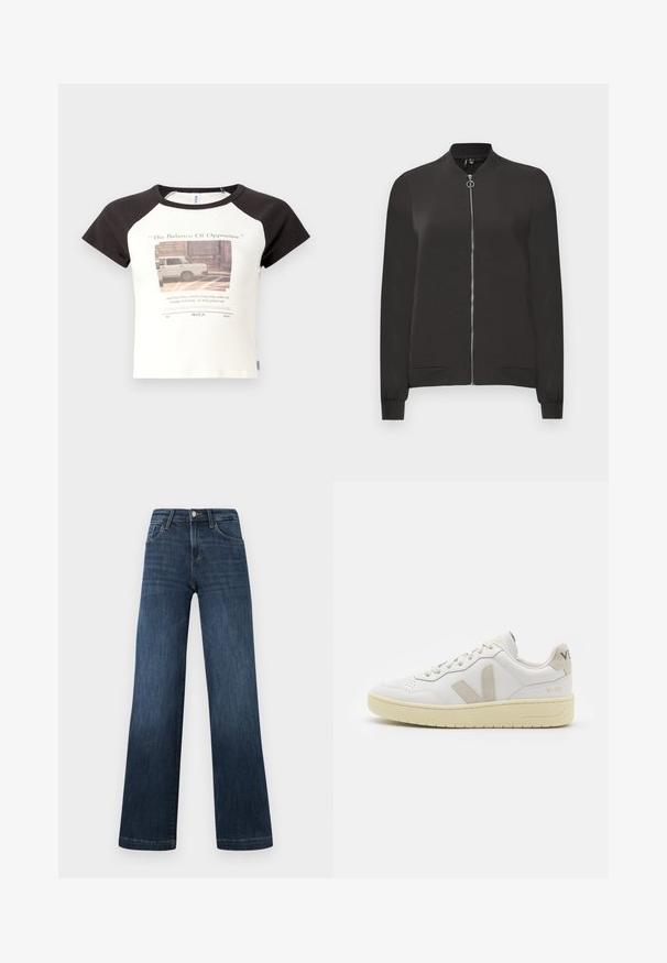 Schwarze Bomberjacke aus glattem Stoff, mit einem Frontreißverschluss, geripptem Kragen und Bündchen sowie zwei Seitentaschen.; T-Shirt mit kurzen Ärmeln in Weiß mit schwarzen Raglanärmeln. Die Vorderseite zeigt ein gedrucktes Grafikdesign und Text. Hergestellt aus Baumwollmischgewebe.; Dunkelblaue Denim-Jeans im weiten Bein-Design, ausgestattet mit fünf Taschen und einer Vorderknopf-Verschluss. Glatte Textur und klassische Nähdetails.; Weiße Ledersneaker mit beigen Wildlederakzenten, perforierte Zehenbox, flache Schnürsenkel und eine strukturierte cremefarbene Sohle. Mit dezentem Branding an der Ferse.