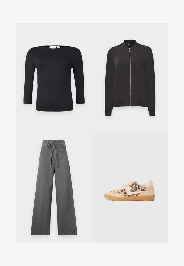 Fekete bomber dzseki sima anyagból, elöl cipzárral, bordás gallérral és mandzsettával, valamint két oldalsó zsebbel.; Fekete, hosszú ujjú felső kerek nyakkal, sima, rugalmas anyagból készült. Illeszkedő fazonnal rendelkezik, és nem tartalmaz látható mintákat vagy díszítéseket.; Szürke, bővebb lábú nadrág, derékban húzózsinórral, egyszerű fehér háttér előtt.; Leopárdmintás sportcipő bézs velúr felsőrésszel, világosbarna gumitalppal és fehér kiegészítőkkel. Kerek orr, fűzős kialakítás, és textúrázott felület jellemzi.