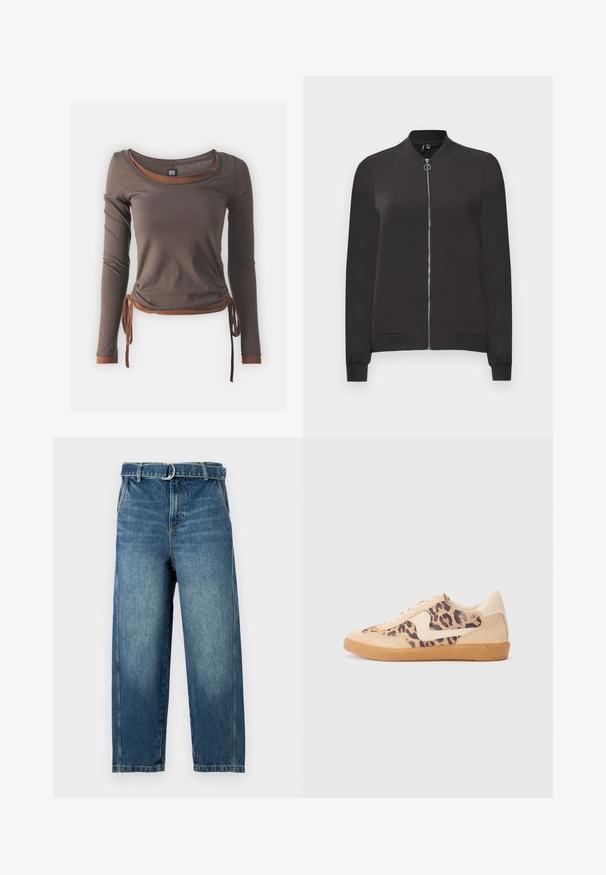 Must musta jope, mis on valmistatud siledast kangast, millel on esiküljel tõmblukk, ribitud krae ja mansetid ning kaks küljetaskut.; Pruun pikkade varrukatega topp, millel on ümar kaelus, rikkalik disain, mis on seotud vöökohal, ja kontrastsed pruuni aktsendid mansettidel ja servades.; Sinine denimist teksapäev, millel on kõrge vöökoht, laiad sääred ja metallsõrmaga vöökohas. Kangas on kulunud ja peene kulumise efektiga.; Leopardi mustriga tossud, millel on beež sueded ülemine osa, pruuni kummist põhi ja valged aktsendid. Ümar nina ja lipsukujundus, millel on tekstureeritud viimistlus.