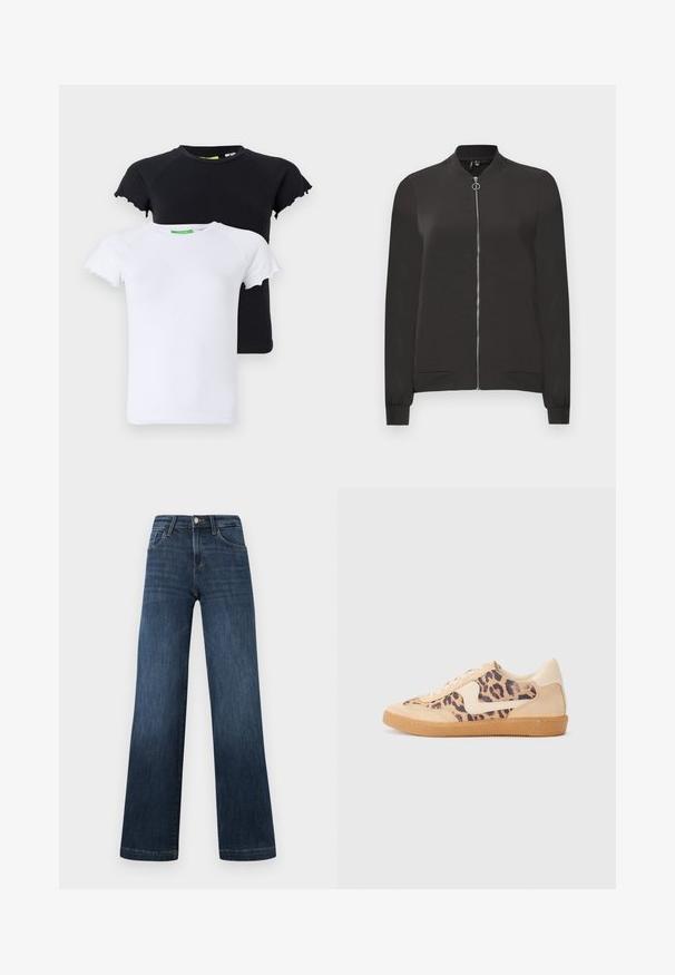 Must musta jope, mis on valmistatud siledast kangast, millel on esiküljel tõmblukk, ribitud krae ja mansetid ning kaks küljetaskut.; Kaks t-särk, üks must ja üks valge, pehmest kangast. Omadusteks on lühikesed raglaanvarrukad, millel on lainelised servad.; Tumedat sinised teksad laia jala disainiga, viie tasku ja ees oleva nööbiga sulgemisega. Sile tekstuur ja klassikalised peitevõrngud.; Leopardi mustriga tossud, millel on beež sueded ülemine osa, pruuni kummist põhi ja valged aktsendid. Ümar nina ja lipsukujundus, millel on tekstureeritud viimistlus.