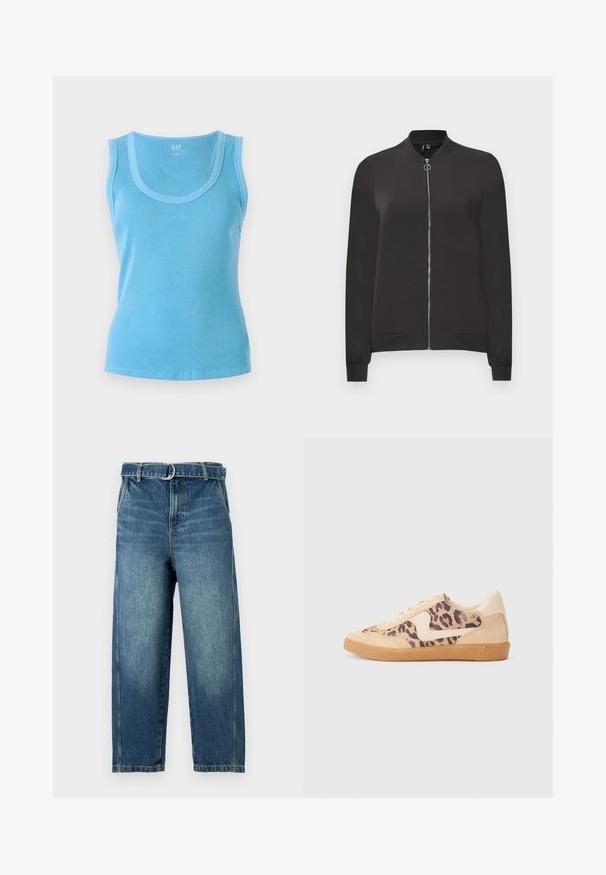 Juodas bomber stiliaus švarkas, pagamintas iš lygaus audinio, su priekiniais užtrauktukais, rausvu apykakle ir rankovėmis, bei dviem šoniniais kišenėmis.; Šviesiai mėlyna raukiniais iškirpta maikutė be rankovių su išlenkta kaklo linija. Pagaminta iš mezginio audinio, turi prigludusią siluetą ir švarų apdailą.; Mėlynos džinsinės kelnės su aukštu juosmeniu, plačiomis kojomis ir diržo kilpa su metaliniu žiedu. Audinyje matomi nudilimo ir subtilios šviesinimo detalės.; Leopardų rašto sportiniai batai su smėlio spalvos zomšiniu viršumi, rusvu guminiu padu ir baltais akcentais. Apvalus nosis ir raištelių užsegimas su tekstūruotu paviršiumi.