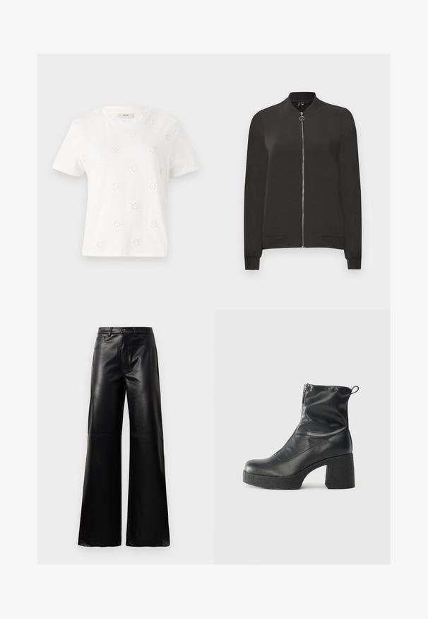 Chaqueta bomber negra hecha de tela suave, que cuenta con un cierre frontal, cuello y puños de canalé, y dos bolsillos laterales.; Camiseta de algodón blanca con mangas cortas que presenta motivos de flores bordados. Cuello redondo, corte relajado y textura suave.; Pantalones de imitación de cuero negros de cintura alta y pierna ancha con botón frontal, cierre de cremallera, pasadores para cinturón y bolsillos laterales sobre fondo blanco.; Botines negros de tobillo, hechos de cuero suave, con cierre lateral, tacón grueso texturizado y diseño de punta redondeada.