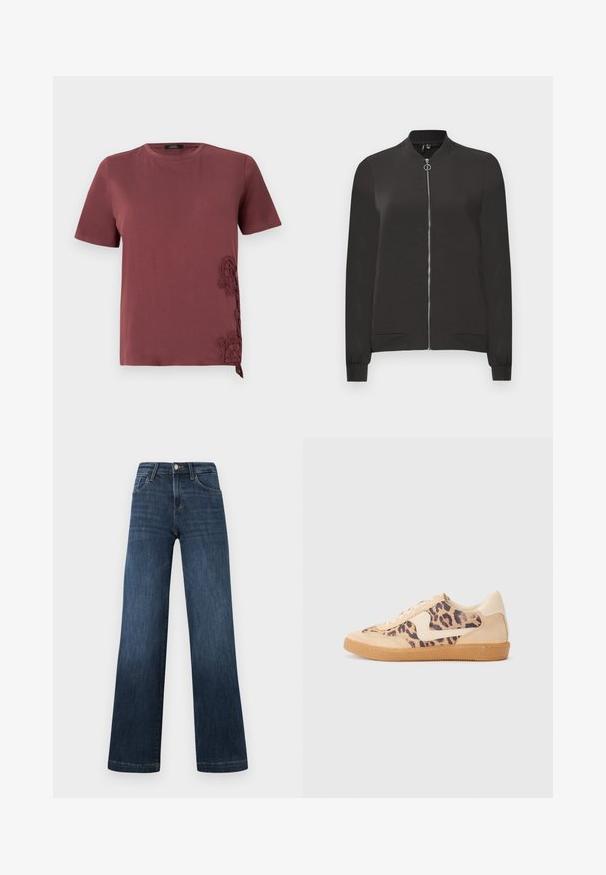 Black bomber jacket made from smooth fabric, featuring a front zipper, ribbed collar and cuffs, and two side pockets.; Maroon T-shirt made from soft fabric, featuring short sleeves and intricate lace detailing on the side, with a tied accent at the hem.; Dark blue denim jeans with a wide-leg design, featuring five pockets and a front button closure. Smooth texture and classic stitching details.; Leopard print sneakers with beige suede upper, tan rubber sole, and white accents. Round toe and lace-up design with a textured finish.