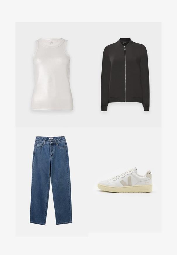 Schwarze Bomberjacke aus glattem Stoff, mit einem Frontreißverschluss, geripptem Kragen und Bündchen sowie zwei Seitentaschen.; Cremefarbenes Tanktop mit tailliertem Schnitt, geripptem Material, ärmellosem Design und subtiler Glanzoptik, das einen einfachen, runden Ausschnitt präsentiert.; Klassische blaue Denim-Jeans mit geradem Bein, fünf Taschen und Knopfverschluss. Sie verfügen über eine mittelblau gewaschene Optik und sind aus robuster Textur.; Weiße Ledersneaker mit beigen Wildlederakzenten, perforierte Zehenbox, flache Schnürsenkel und eine strukturierte cremefarbene Sohle. Mit dezentem Branding an der Ferse.