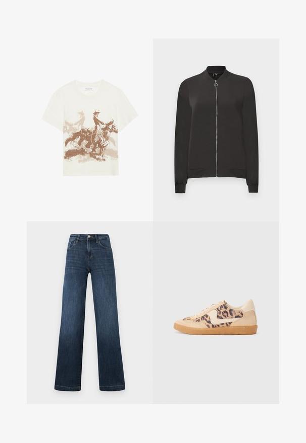 Black bomber jacket made from smooth fabric, featuring a front zipper, ribbed collar and cuffs, and two side pockets.; Light beige cotton t-shirt featuring a brown graphic print of two horseback riders in motion. Crew neckline and short sleeves.; Dark blue denim jeans with a wide-leg design, featuring five pockets and a front button closure. Smooth texture and classic stitching details.; Leopard print sneakers with beige suede upper, tan rubber sole, and white accents. Round toe and lace-up design with a textured finish.