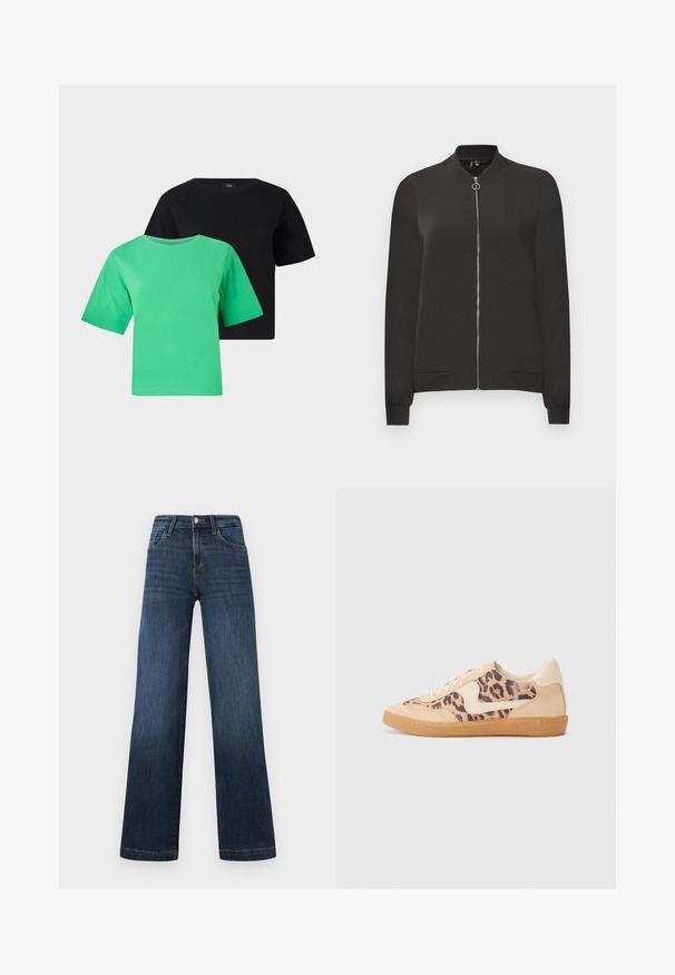 Jachetă neagră de tip bomber, realizată dintr-un material neted, cu fermoar în față, guler și manșete riguroase, având două buzunare laterale.; Două tricouri cu mânecă scurtă din bumbac, unul verde și unul negru. Fiecare are un guler rotund și un croi lejer, fără modele sau accente.; Jeans din denim albastru închis, cu un design cu picioare late, având cinci buzunare și o închidere cu buton în față. Textură netedă și detalii clasice de cusătură.; Tenisi cu imprimeu de leopard, cu partea superioară din suede bej, talpă din cauciuc maro și accente albe. Vârf rotund și design cu șireturi, cu un finisaj texturat.