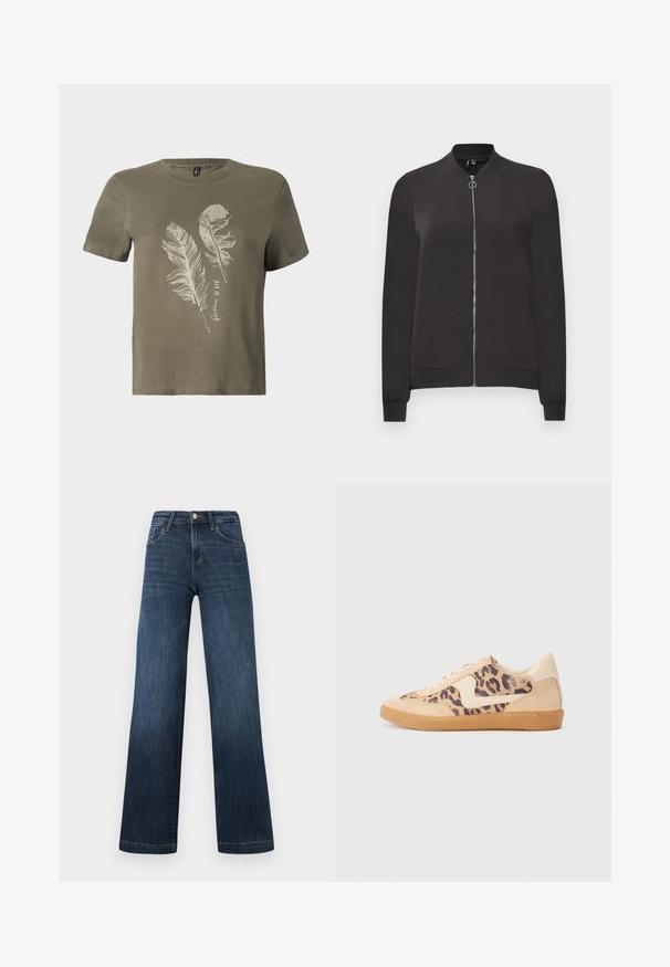 Black bomber jacket made from smooth fabric, featuring a front zipper, ribbed collar and cuffs, and two side pockets.; Olive green cotton t-shirt with short sleeves, featuring a white feather print design and a round neckline.; Dark blue denim jeans with a wide-leg design, featuring five pockets and a front button closure. Smooth texture and classic stitching details.; Leopard print sneakers with beige suede upper, tan rubber sole, and white accents. Round toe and lace-up design with a textured finish.