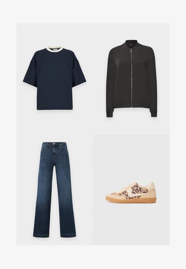 Crna bomber jakna izrađena od glatkog materijala, sa prednjim patentnim zatvaračem, rebrastim okovratnikom i manžetama, te dva bočna džepa.; Tamnoplava oversized majica s kontrastnim kremastim rebrastim izrezom. Kratki rukavi i opušteni kroj. Izrađena od mekog pamučnog materijala.; Tamno plave traperice širokih nogavica, s pet džepova i prednjim zatvaranjem na gumb. Glatka tekstura i klasične šavove.; Tenisice s uzorkom leoparda, bež nubuk gornjištem, smešnim gumenim đonom i bijelim detaljima. Okrugli vrh i dizajn s vezicama s teksturiranom završnom obradom.