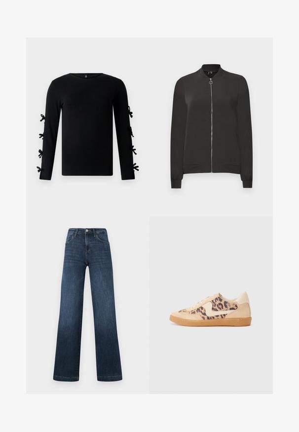 Juodas bomber stiliaus švarkas, pagamintas iš lygaus audinio, su priekiniais užtrauktukais, rausvu apykakle ir rankovėmis, bei dviem šoniniais kišenėmis.; Juodas ilgomis rankovėmis marškinėliai su apvaliu iškirpimu ir dekoratyviais kaspinais ant rankovių. Pagaminti iš minkštos, elastingos medžiagos.; Tamsiai mėlyni džinsai su plačiu kojų dizainu, turintys penkias kišenes ir priekiniu mygtukų užsegimu. Lygus audinys ir klasikiniai siuvimo detalės.; Leopardų rašto sportiniai batai su smėlio spalvos zomšiniu viršumi, rusvu guminiu padu ir baltais akcentais. Apvalus nosis ir raištelių užsegimas su tekstūruotu paviršiumi.