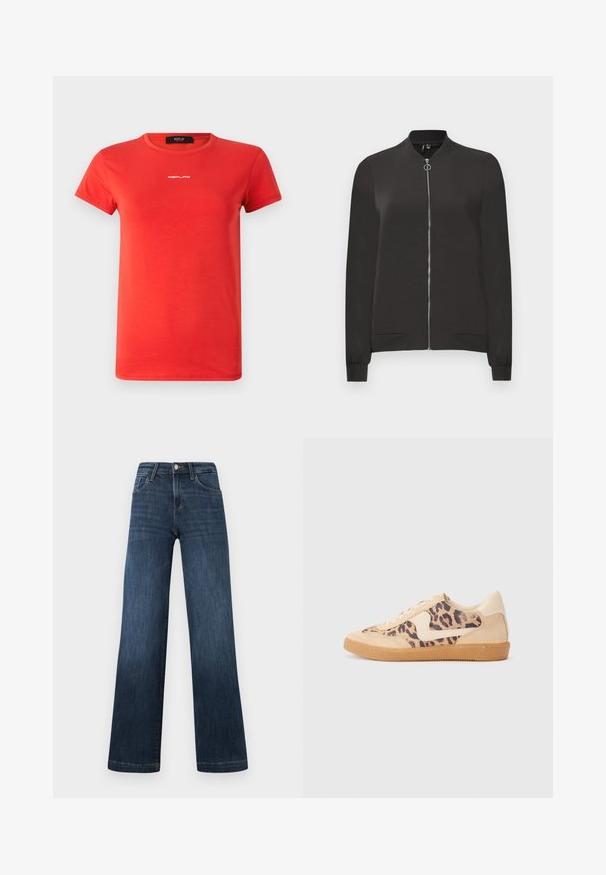 Schwarze Bomberjacke aus glattem Stoff, mit einem Frontreißverschluss, geripptem Kragen und Bündchen sowie zwei Seitentaschen.; Replay LOGO - T-Shirt basic - red; Dunkelblaue Denim-Jeans im weiten Bein-Design, ausgestattet mit fünf Taschen und einer Vorderknopf-Verschluss. Glatte Textur und klassische Nähdetails.; Löwenmuster-Sneaker mit beige Wildleder-Obermaterial, tanfarbener Gummisohle und weißen Akzenten. Runde Zehenform und Schnürdesign mit strukturiertem Finish.