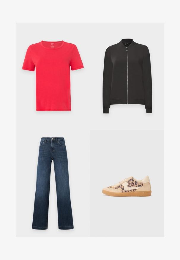 Black bomber jacket made from smooth fabric, featuring a front zipper, ribbed collar and cuffs, and two side pockets.; Red short-sleeve t-shirt made of cotton. Features a classic crew neck and simple design with no patterns or accents.; Dark blue denim jeans with a wide-leg design, featuring five pockets and a front button closure. Smooth texture and classic stitching details.; Leopard print sneakers with beige suede upper, tan rubber sole, and white accents. Round toe and lace-up design with a textured finish.