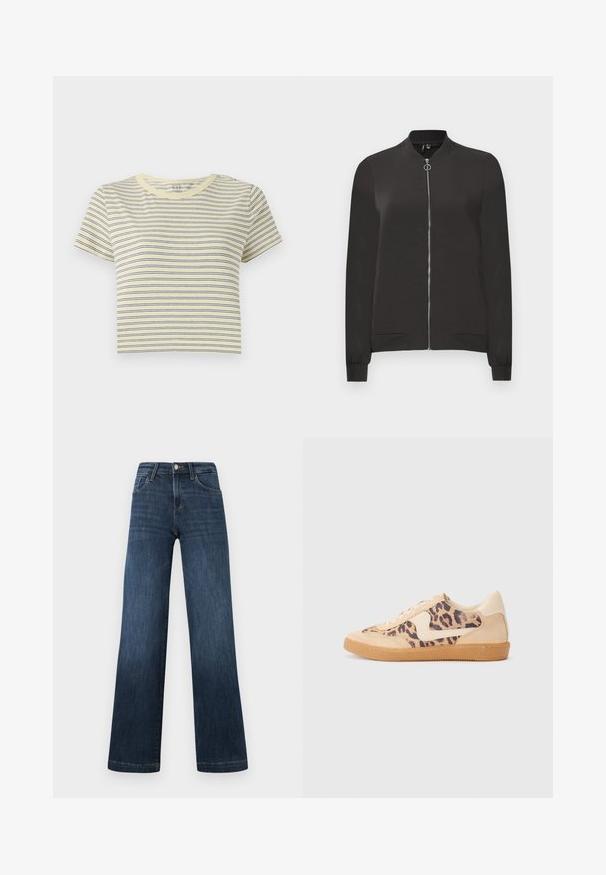 Svart bomberjacka av glatt material med framzipper, ribbad krage och muddar, samt två sidofickor.; Gulrandig t-shirt med blå horisontella linjer, rund halsringning, korta ärmar och en cropped passform. Mjuk bomullsmaterial, enkel design.; Mörkblå denimjeans med vid ben-design, som har fem fickor och en framknäppning. Slät textur och klassiska sömnadsdetaljer.; Leopardmönstrade sneakers med överdel i beige mocka, tan gummisula och vita detaljer. Rund tå och snörning med en strukturerad finish.
