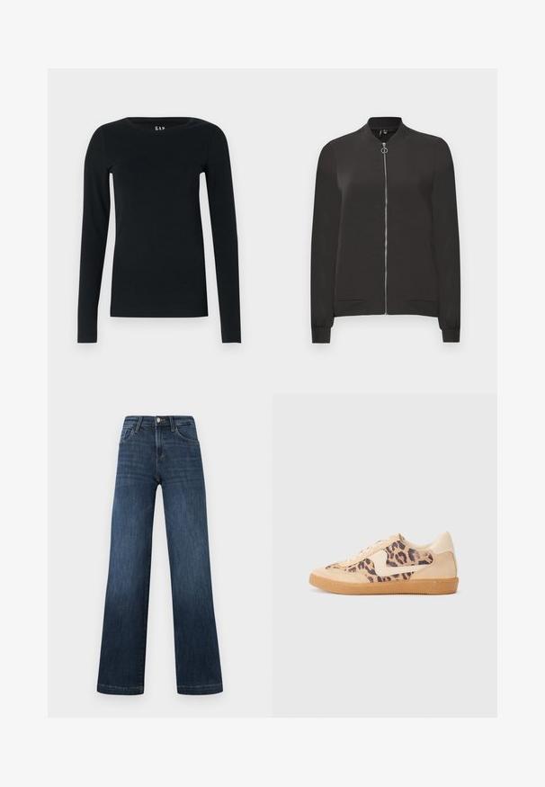 Czarna kurtka bomberka wykonana z gładkiego materiału, z suwakiem z przodu, prążkowanym kołnierzem i mankietami oraz dwoma bocznymi kieszeniami.; Czarna bluzka z długim rękawem, uszyta z miękkiego materiału, z okrągłym dekoltem i dopasowanym krojem, bez widocznych wzorów czy detali metalowych.; Granatowe dżinsy o szerokim kroju, z pięcioma kieszeniami i zapięciem na guziki z przodu. Gładka tekstura i klasyczne detale przeszycia.; Sneakers w panterkowym wzorze, z beżową zamszową cholewką, brązową gumową podeszwą i białymi akcentami. Okrągły czubek i sznurowany fason z fakturowym wykończeniem.