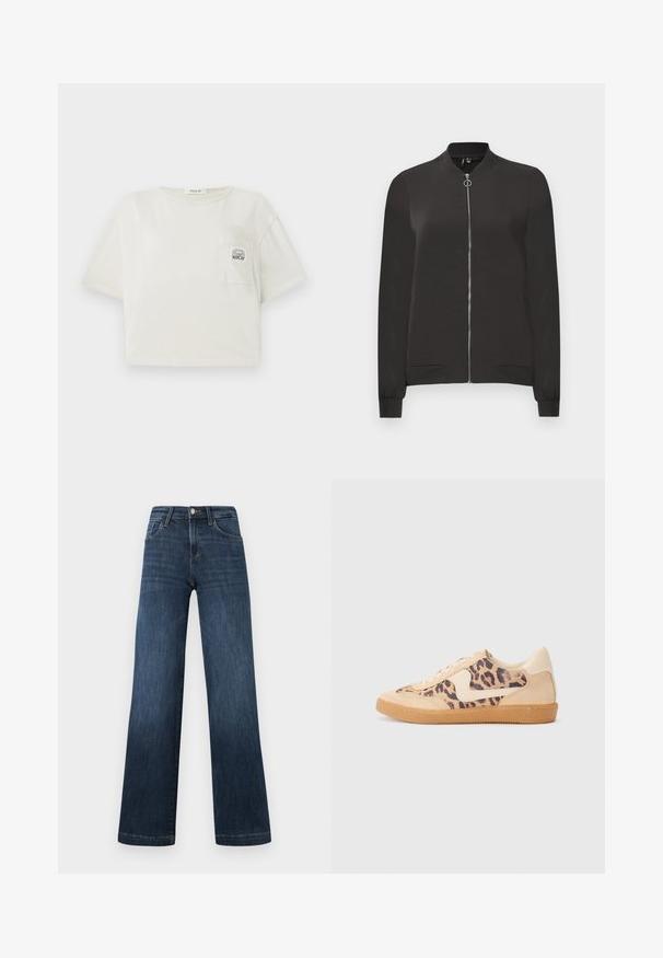 Svart bomberjacka av glatt material med framzipper, ribbad krage och muddar, samt två sidofickor.; Beskarvad, kortärmad t-shirt i off-white bomull. Har en framficka med en tryckt logotyp och en rundad halsringning. Slät textur.; Mörkblå denimjeans med vid ben-design, som har fem fickor och en framknäppning. Slät textur och klassiska sömnadsdetaljer.; Leopardmönstrade sneakers med överdel i beige mocka, tan gummisula och vita detaljer. Rund tå och snörning med en strukturerad finish.